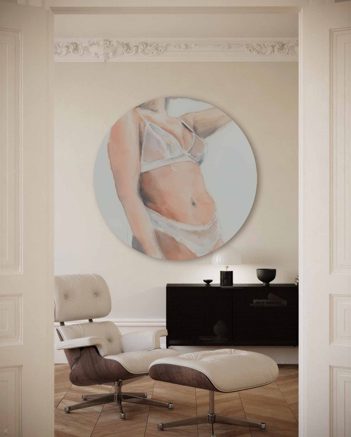 Vrouw in lingerie – illustratie muurcirkel als ronde muurdecoratie