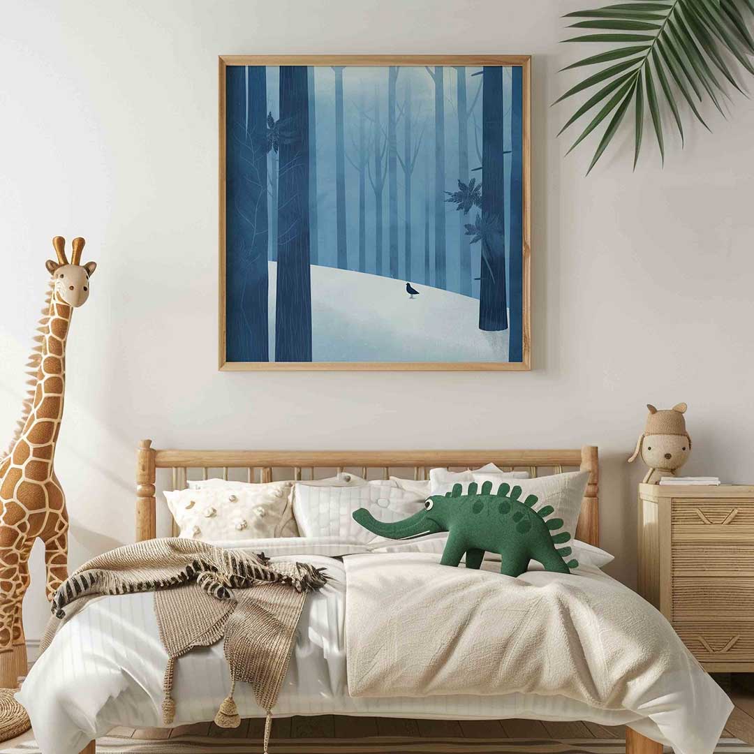 Boslandschap met vogel – vierkante kinderkamer wanddecoratie van WallArtistic