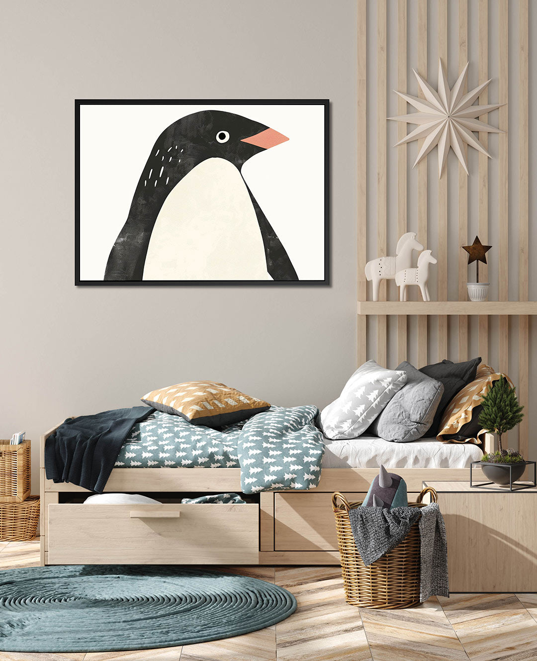Gestileerde pinguïn – wanddecoratie in interieur