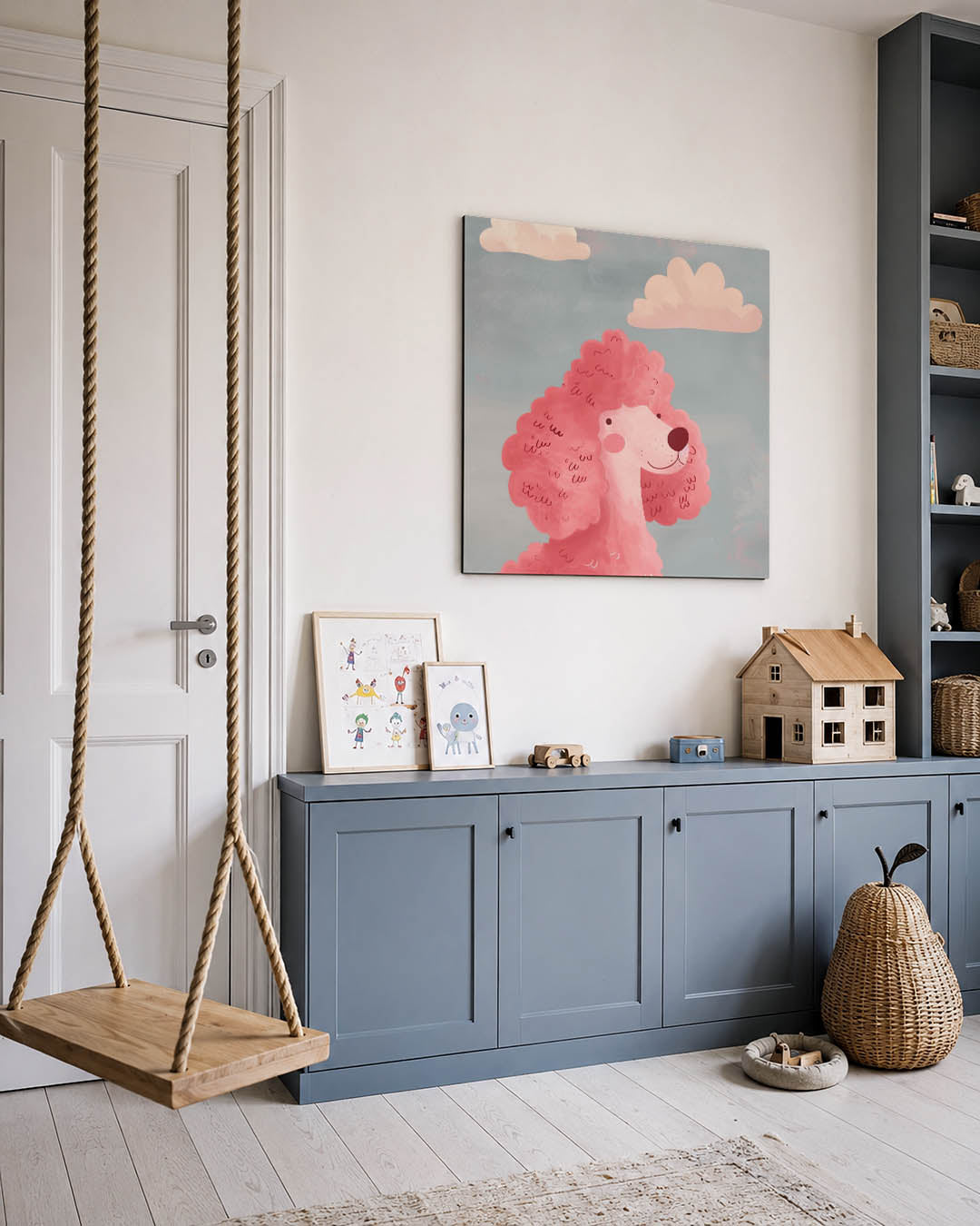 Vrolijke hond kunstwerk – vierkante wanddecoratie – dit kunstwerk toont een roze hond met krullend haar tegen een blauwe