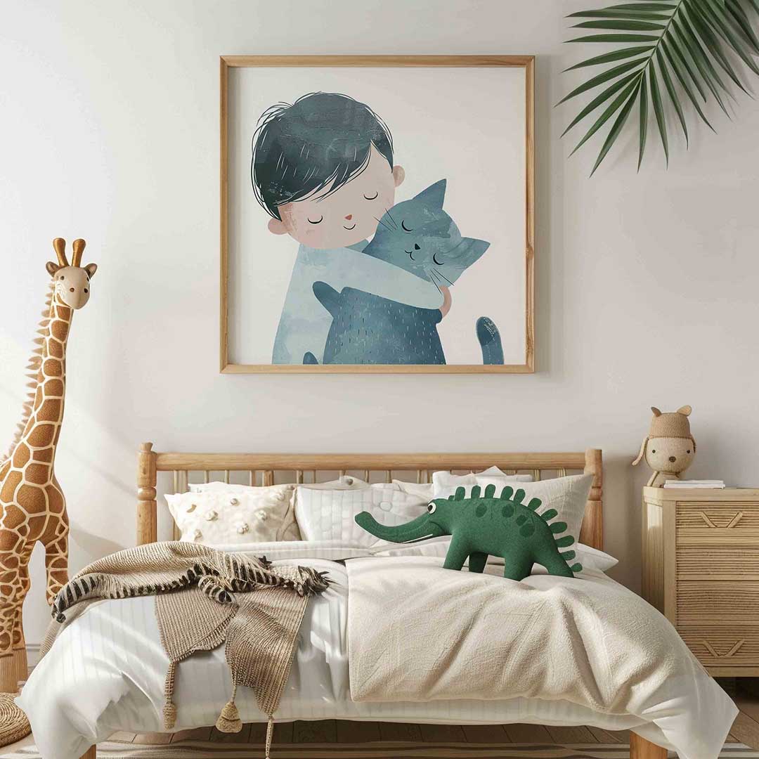 Jongen met kat – vierkante kinderkamer wanddecoratie van WallArtistic