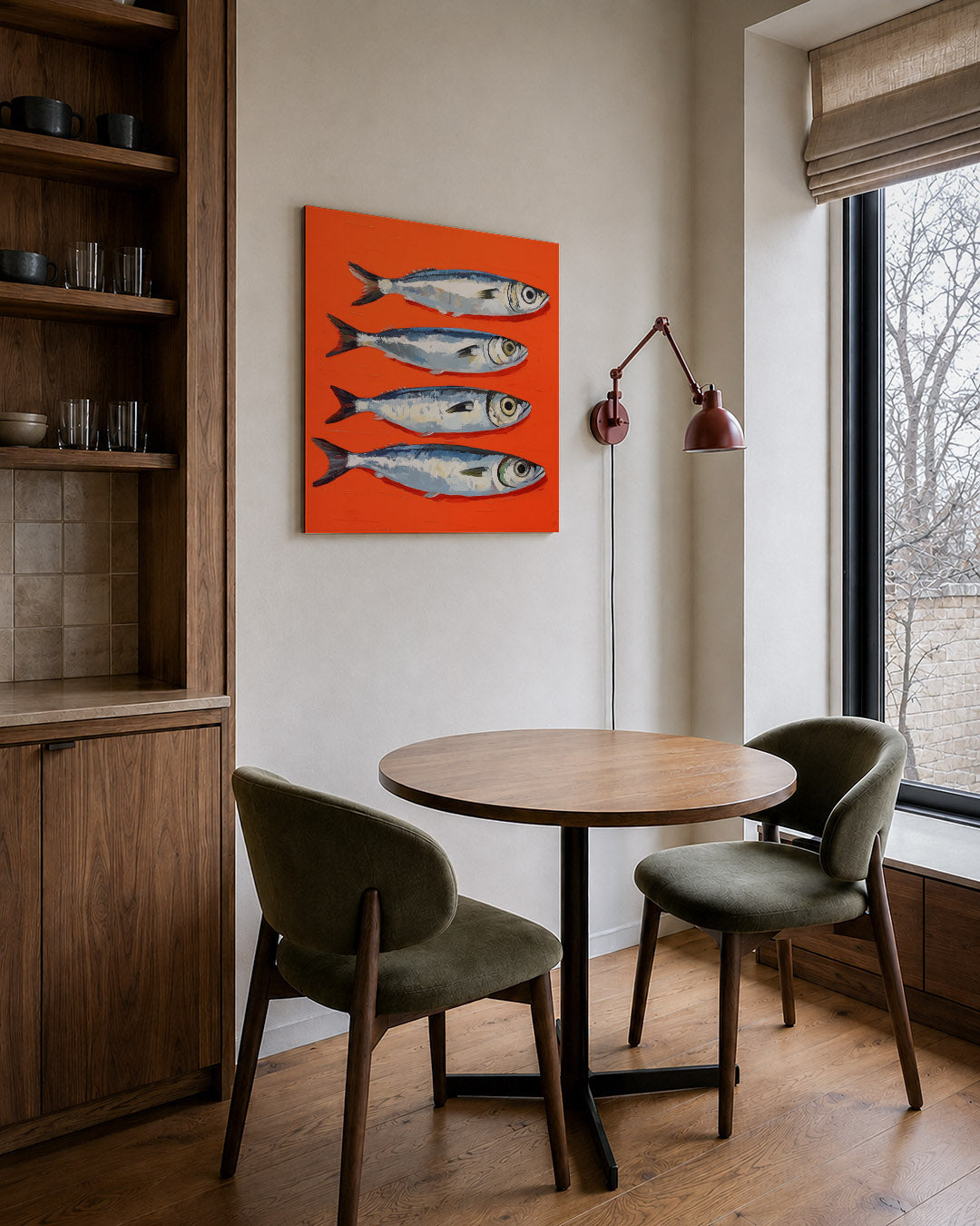 Vissen op fel oranje kunstwerk – derde productweergave – vier vissen liggen horizontaal op een fel oranje achtergrond. De