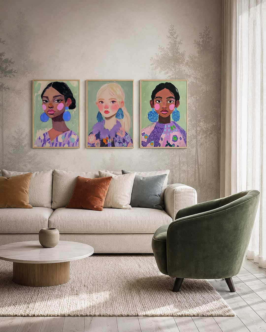 Kleurrijke portretuitdrukking driedelige posterset – een vrouw met grote blauwe oorbellen en roze wangen tegen