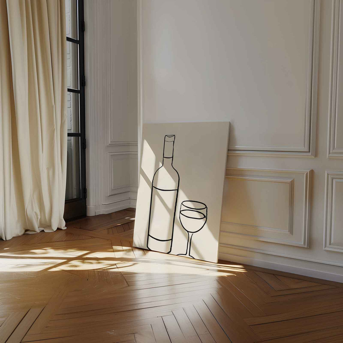 Wijn en Glas Minimalistische Lijntekening – staand kunstwerk voor modern interieur