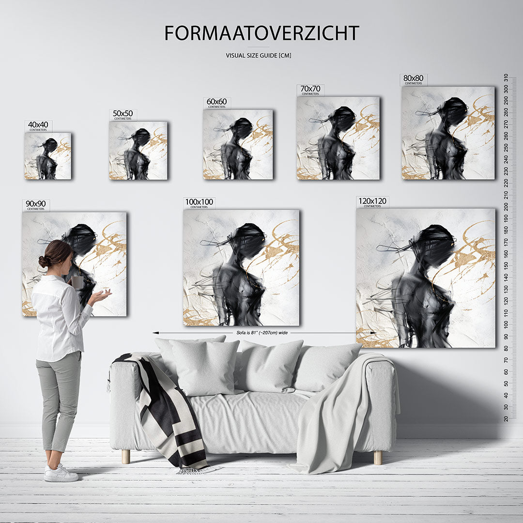 Dynamische vormen kunstwerk – materiaalweergave – dit werk toont een vloeiende compositie van zwarte en gouden lijnen op een