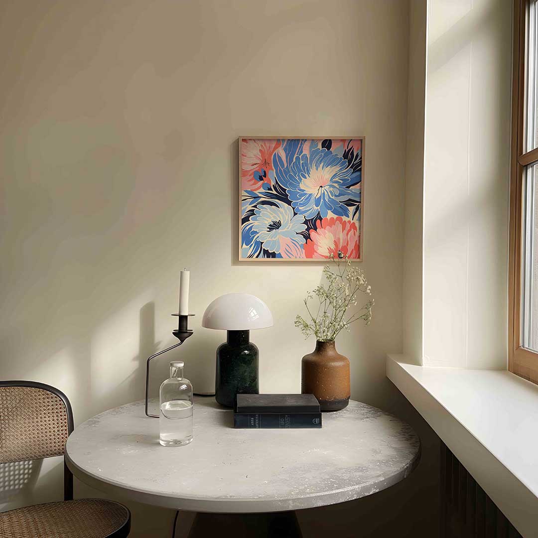 Bloemen in blauw en roze – botanische poster in vierkant formaat