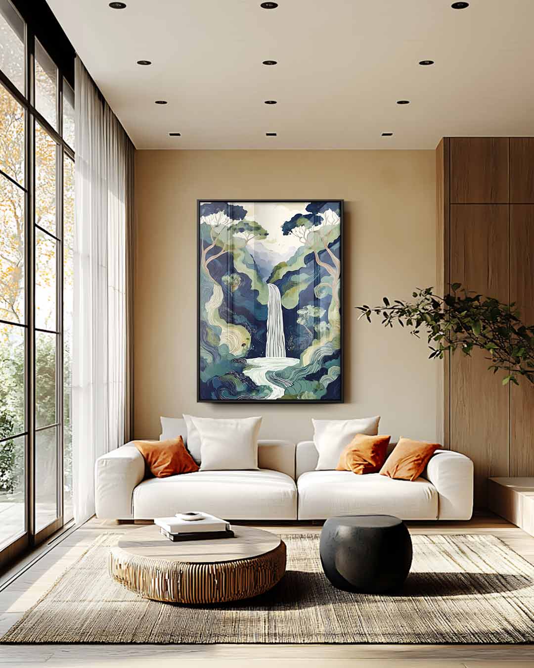 Mystieke Waterval in Bossen – plexiglas wanddecoratie in portret formaat
