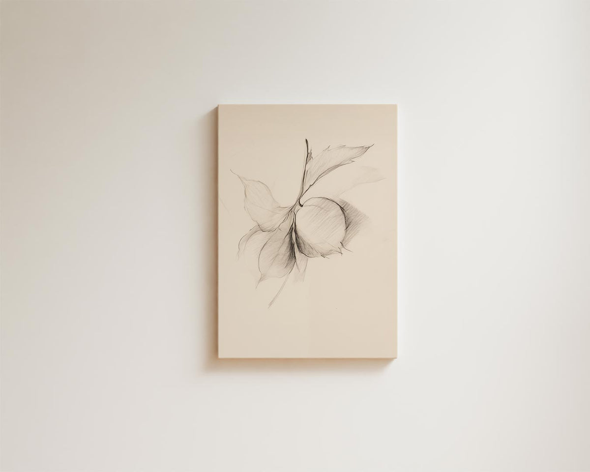 Minimalistische Potloodtekening van Blad en Vrucht – kunstwerk met zwarte baklijst