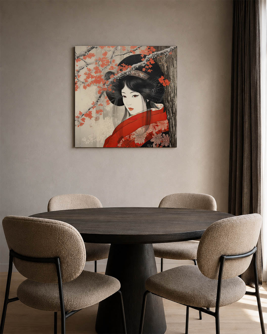 Elegante vrouw en bloesem kunstwerk – vierkante wanddecoratie – dit kunstwerk toont een vrouw in traditionele kleding