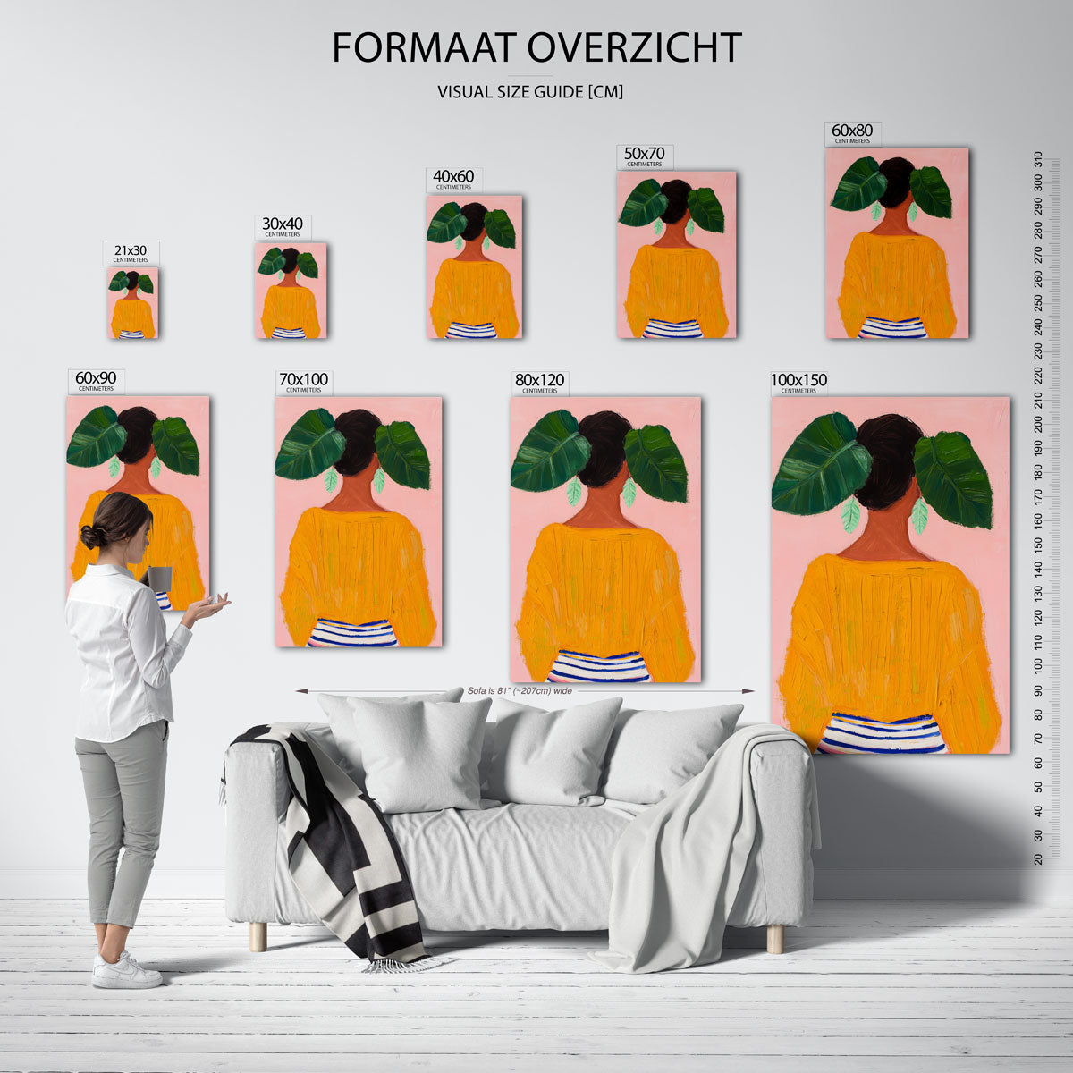 Vrouw met groene bladeren – staande muurposter voor een modern interieur