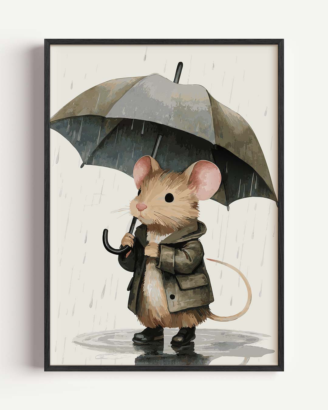 Schattige Muis in de Regen – kids portret poster als wanddecoratie