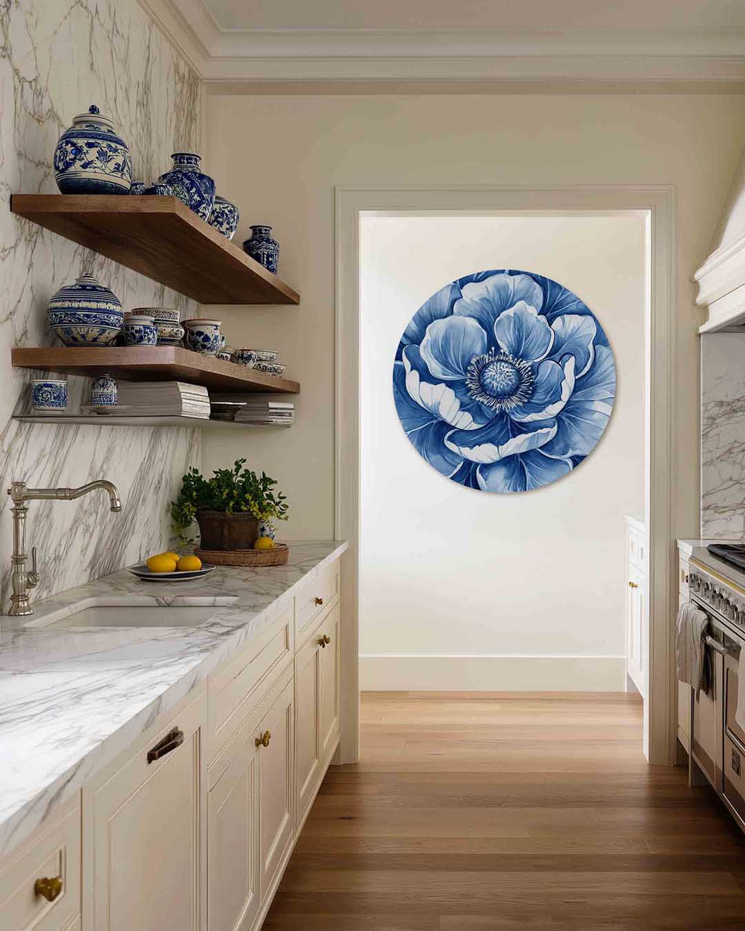 Blauwe bloem – kleurrijke Pop Art muurcirkel voor aan de muur