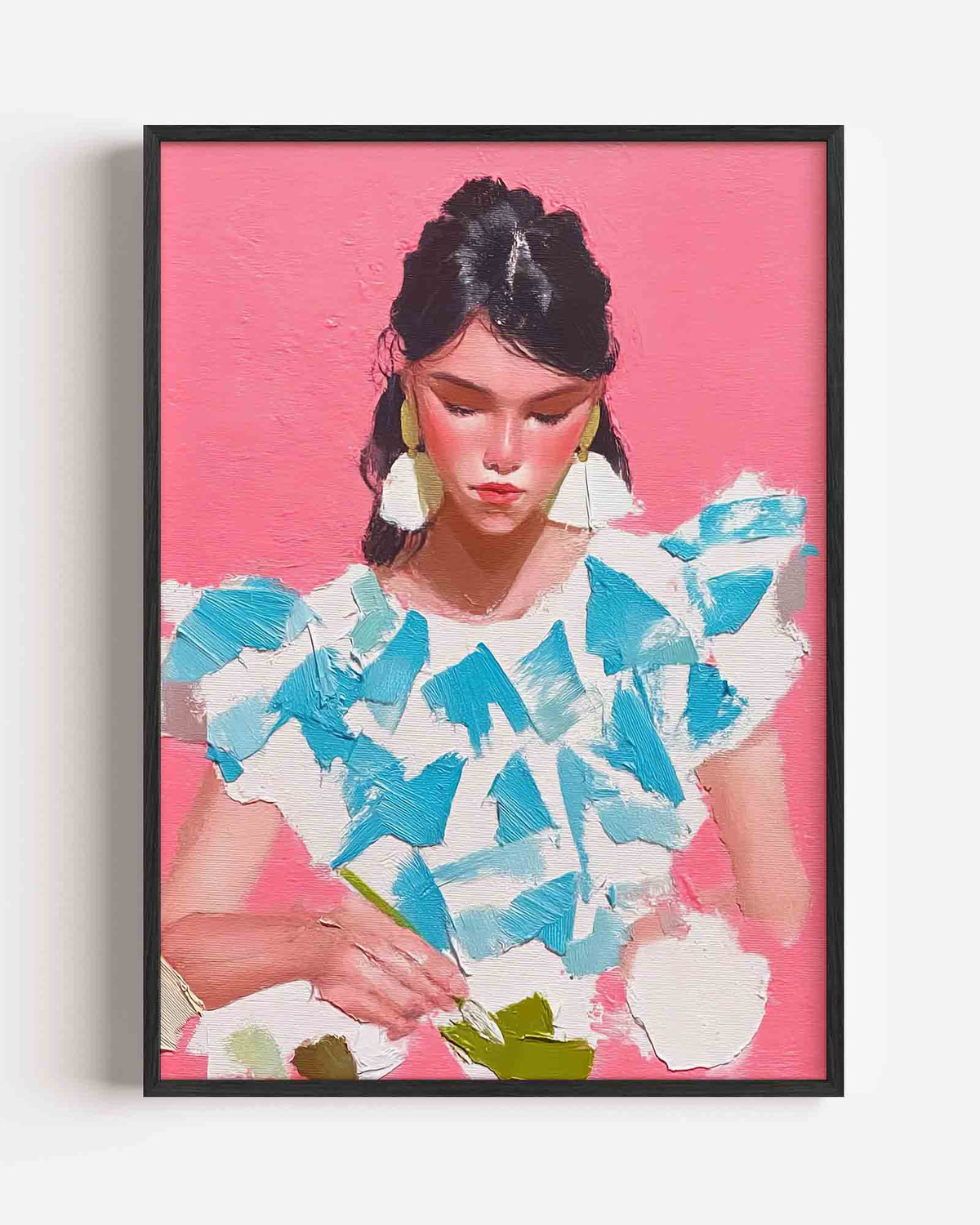Vrouw met roze achtergrond – dromerige illustratie poster als wanddecoratie