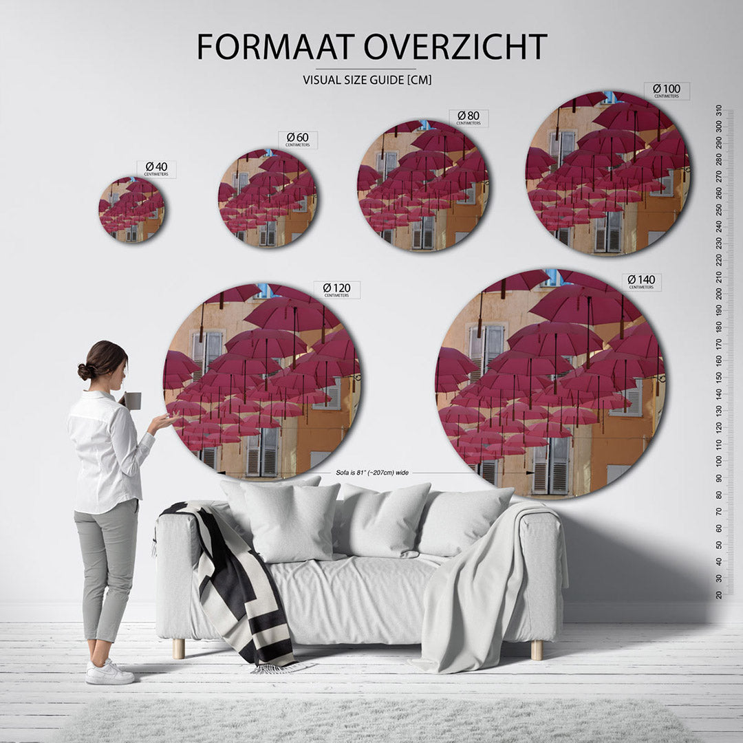 Roze paraplu's – ronde wanddecoratie met fotografie