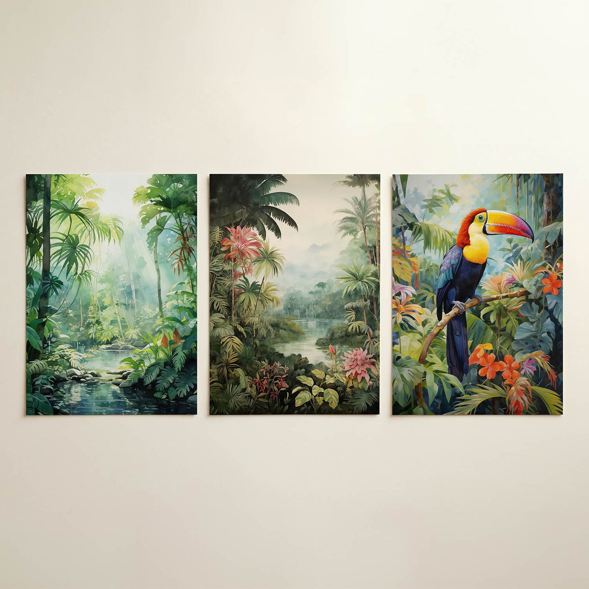 Groene jungle harmonie driedelige posterset in interieur