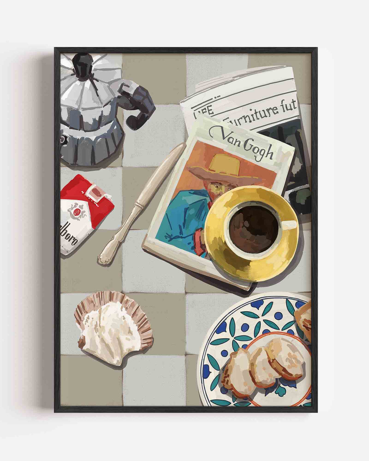 Ontbijttafel met krant – keuken portret poster als wanddecoratie