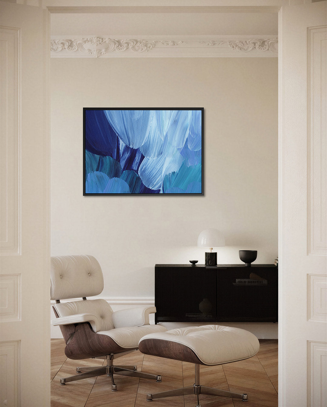 Dynamische blauwe borstels – Subtiele – liggende wanddecoratie