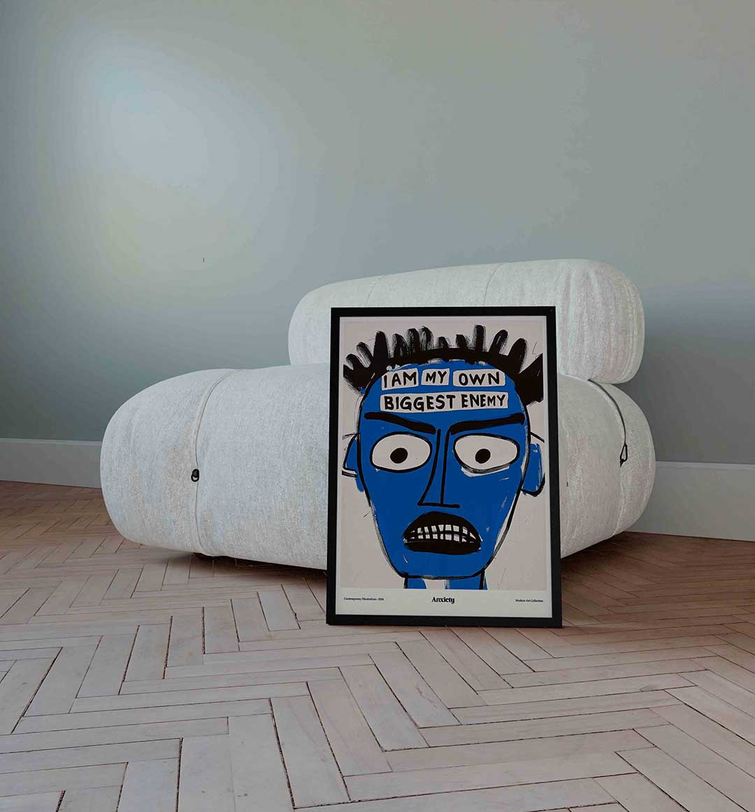 Blauw gezicht met tekst – Streetart wandkunst als portret poster