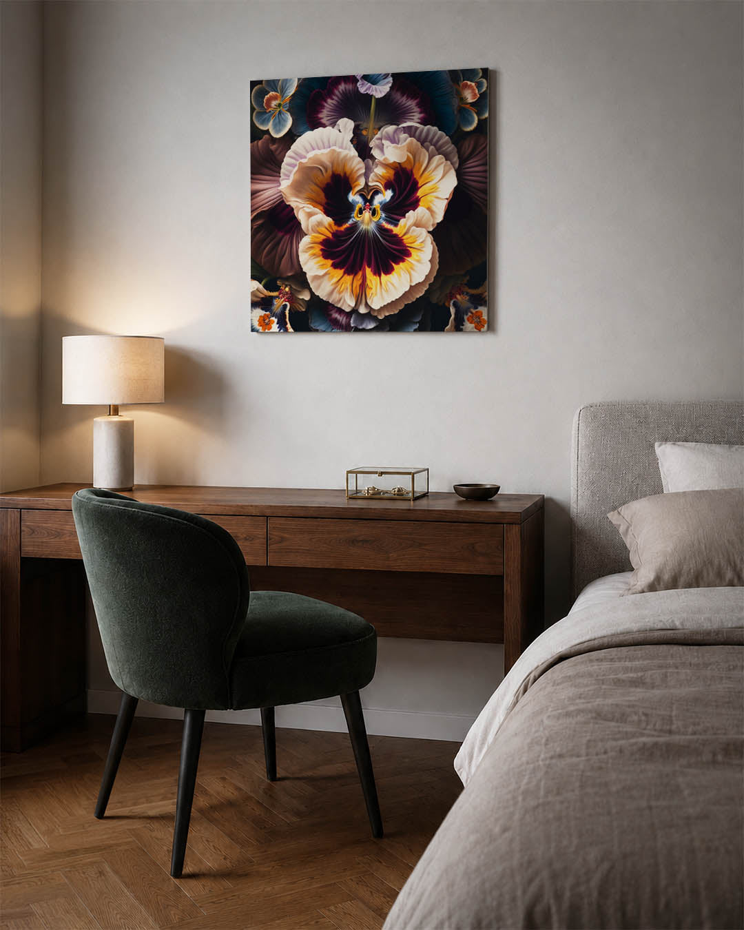 Bloemrijke harmonie kunstwerk – materiaalweergave – dit kunstwerk toont een weelderige compositie van bloemen met vloeiende
