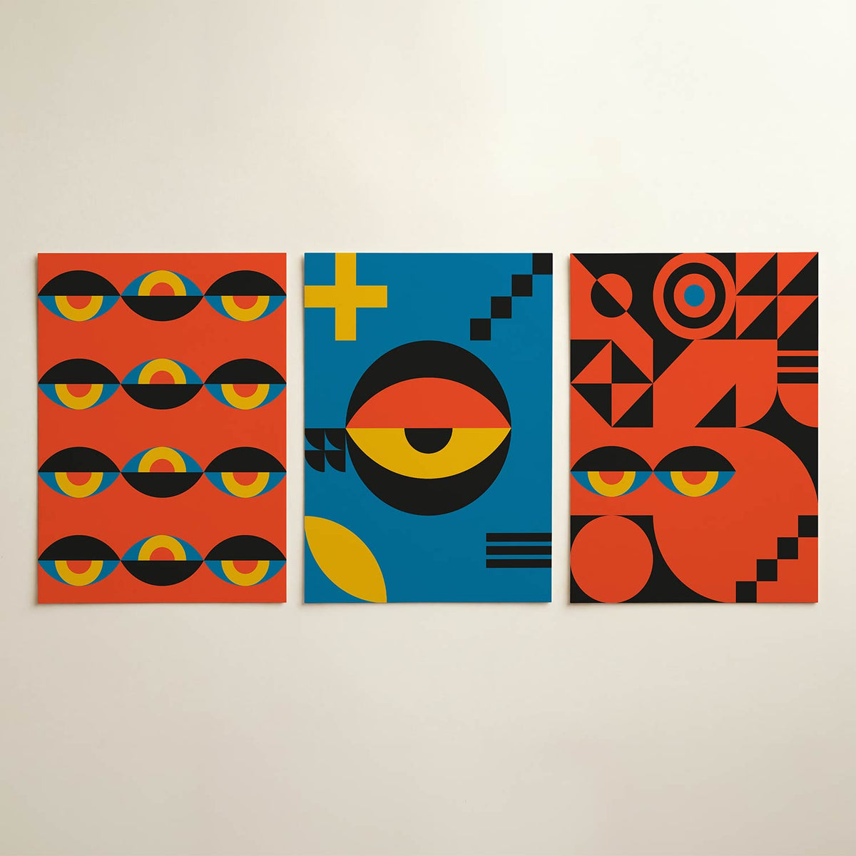 Kleurrijk lijnenspel posterset – detailweergave – deze posterset in drie delen toont een ritmisch patroon van halve cirkels