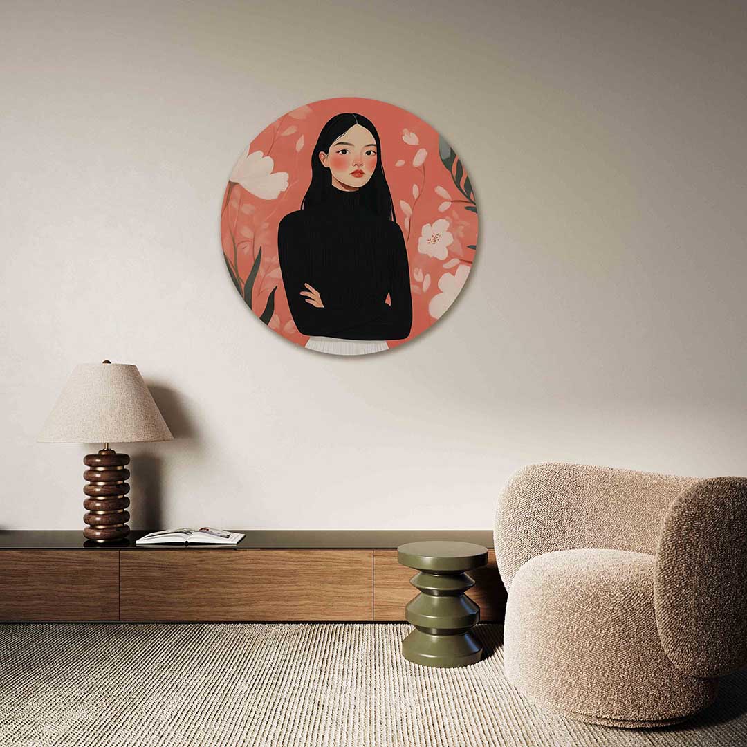 Vrouw met bloemen – abstracte muurcirkel als ronde wanddecoratie