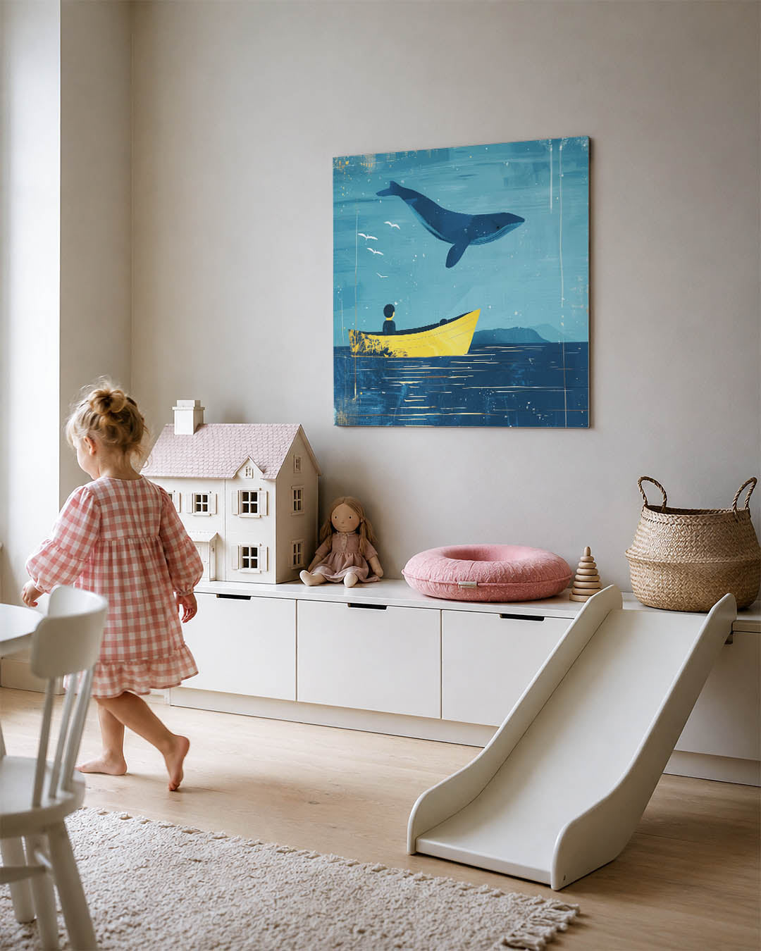 Dromerige zeevaart kunstwerk – tweede productweergave – dit kunstwerk toont een serene zee met een grote walvis boven een