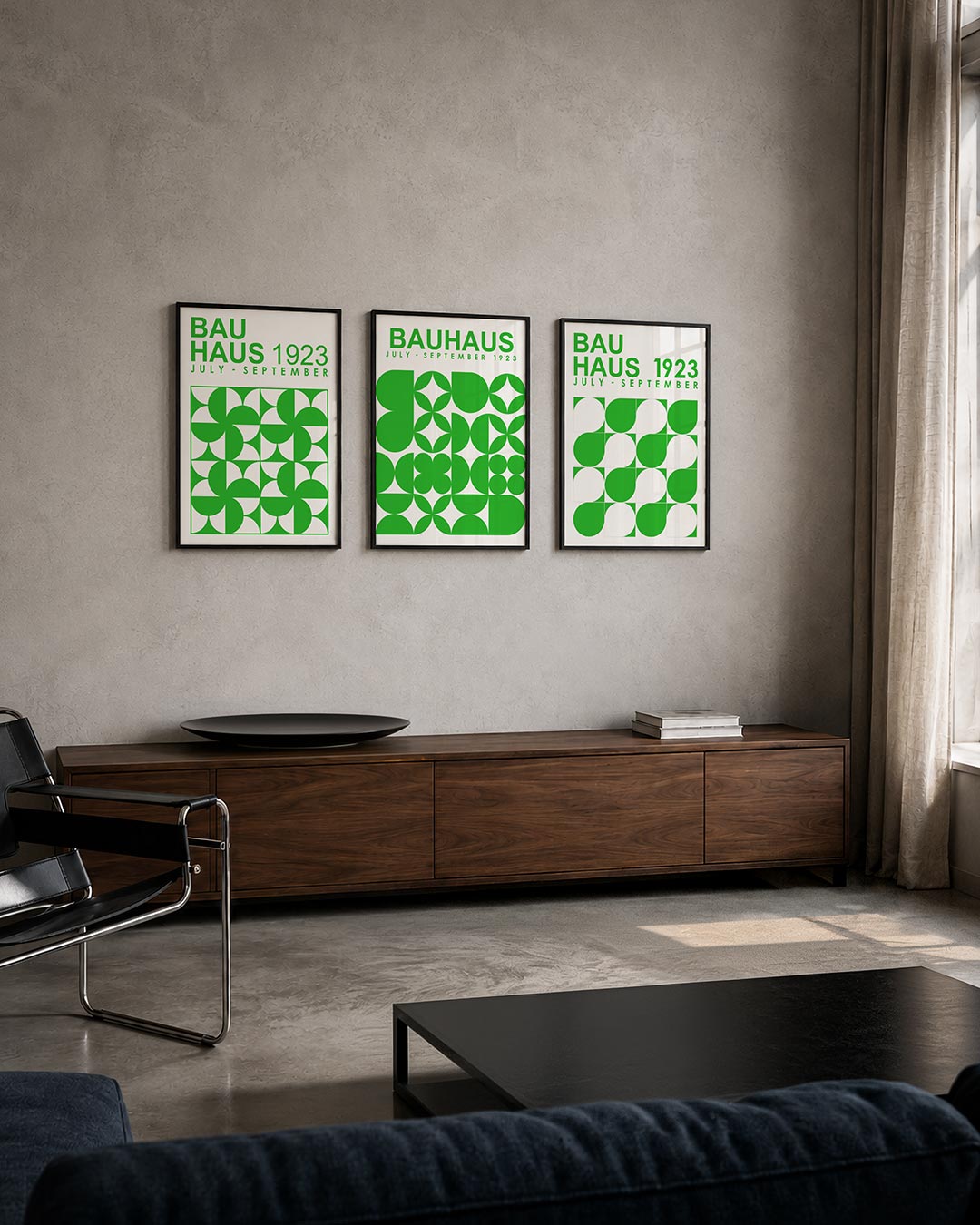 Groene vormenritme driedelige posterset – deze posterset in drie delen toont een levendig spel van groene en witte vormen. De