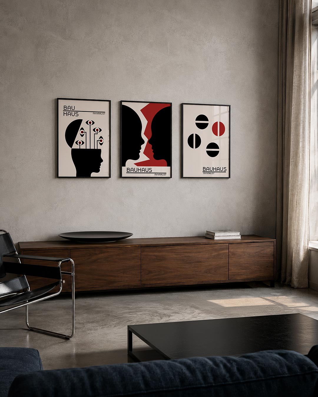 Vormen en blik posterset – tweede productweergave – een silhouet met ogen op lijnen, in zwart, wit en rood. Strakke lijnen en