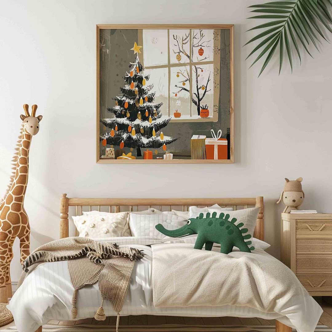 Kerstboom en cadeaus – vierkante kinderkamer wanddecoratie van WallArtistic