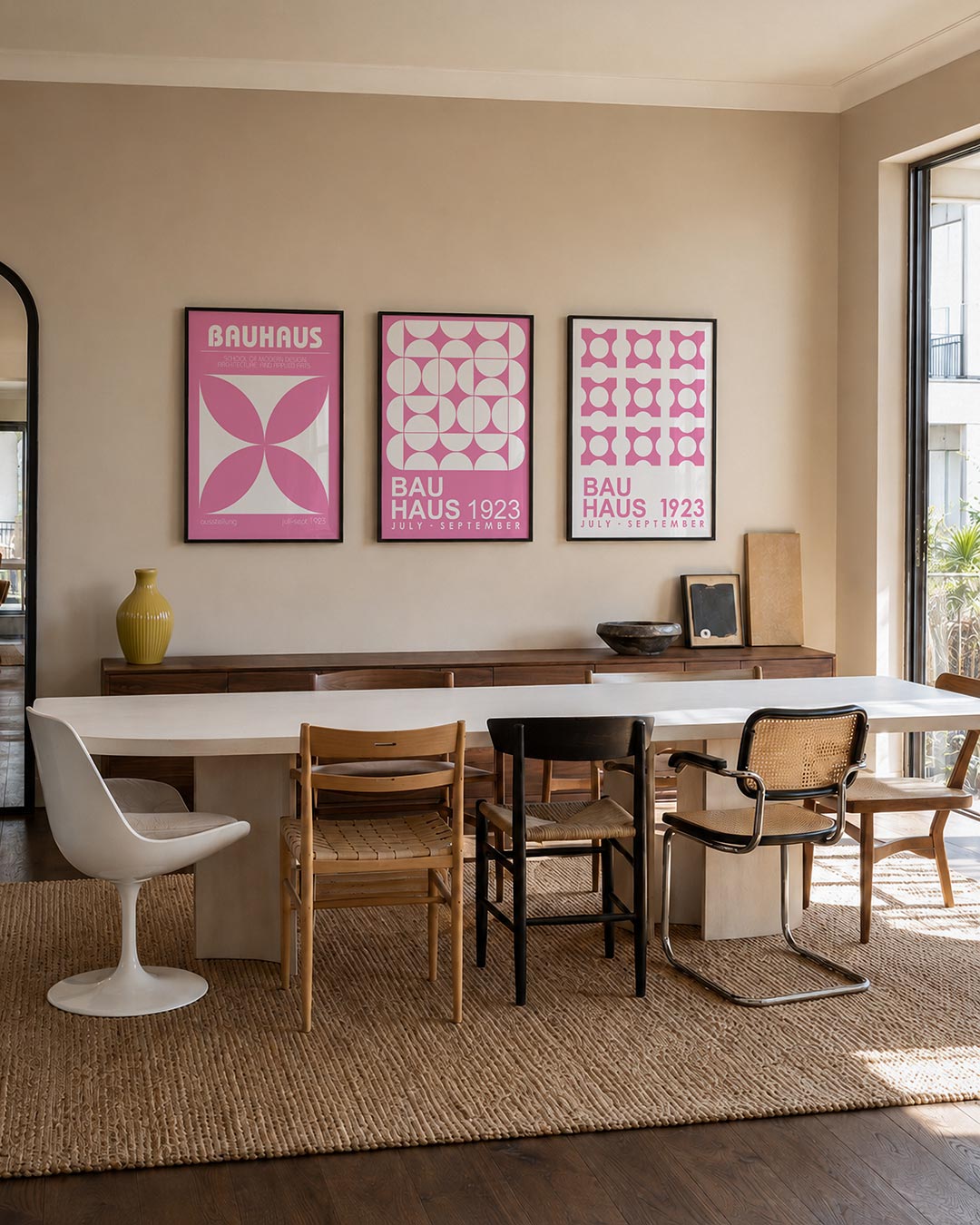 Vormen en vlinders driedelige posterset – deze posterset in drie delen toont een speelse combinatie van roze en wit.