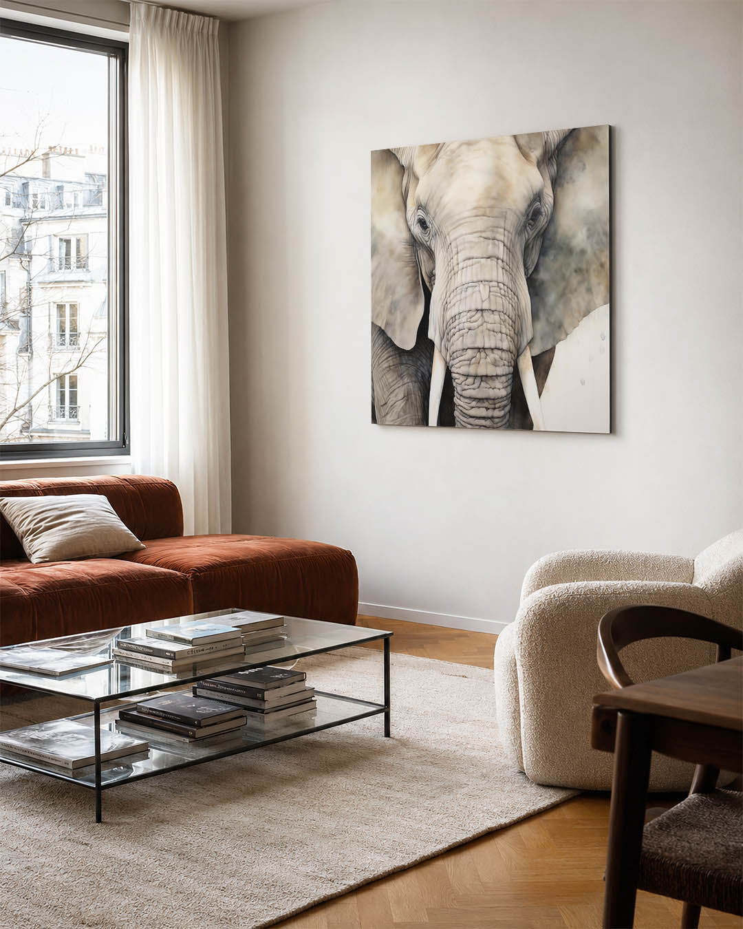Olifant portret kunstwerk – vierkante wanddecoratie – dit kunstwerk toont een gedetailleerd portret van een olifant. De