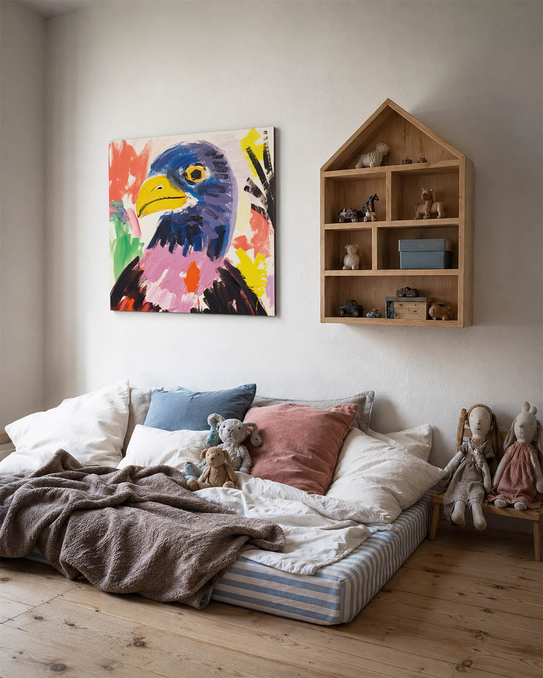 Kleurrijke vogel kunstwerk – derde productweergave – dit werk toont een vogel met levendige kleuren en dynamische
