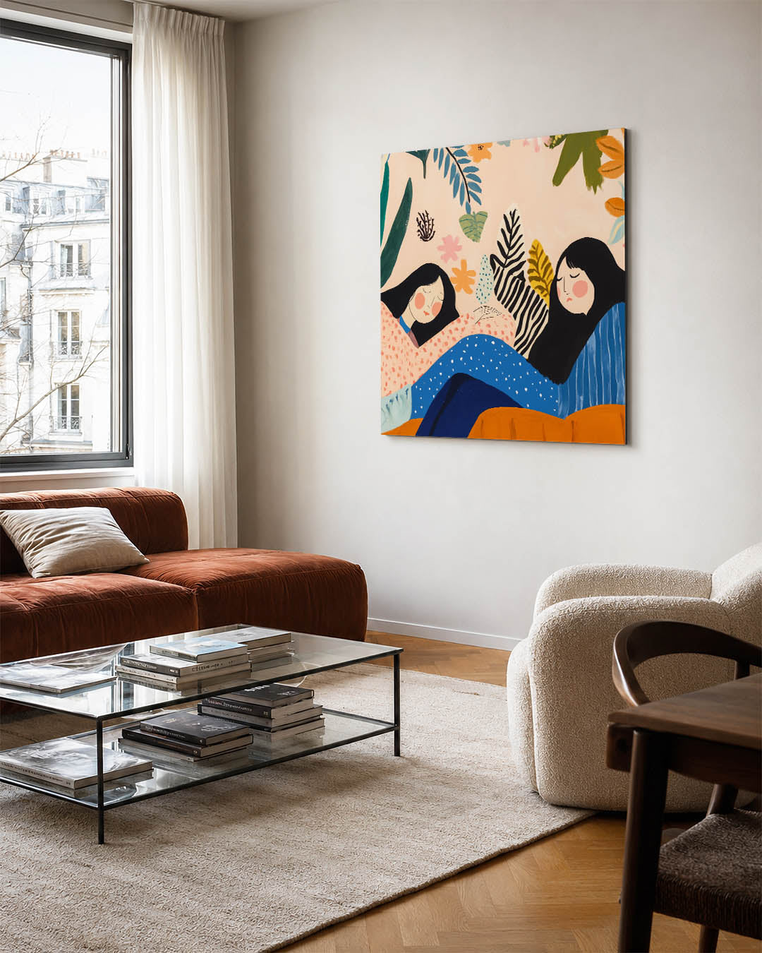 Dromerige figuren kunstwerk – vierkante wanddecoratie – dit werk toont twee figuren omringd door kleurrijke bladeren en