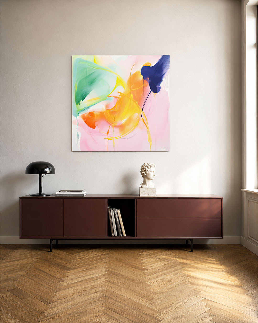 Dynamische kleurenexplosie kunstwerk – tweede productweergave – dit kunstwerk toont een levendige mix van vloeiende vormen en