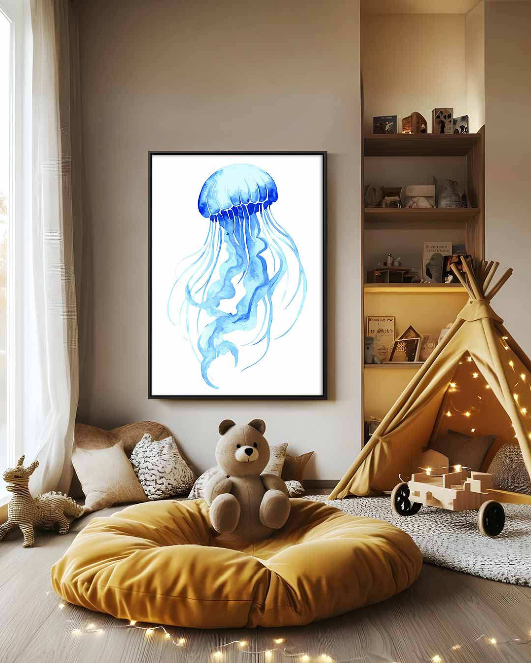 Dromerige Kwallen in Blauw – canvas wanddecoratie in portret formaat