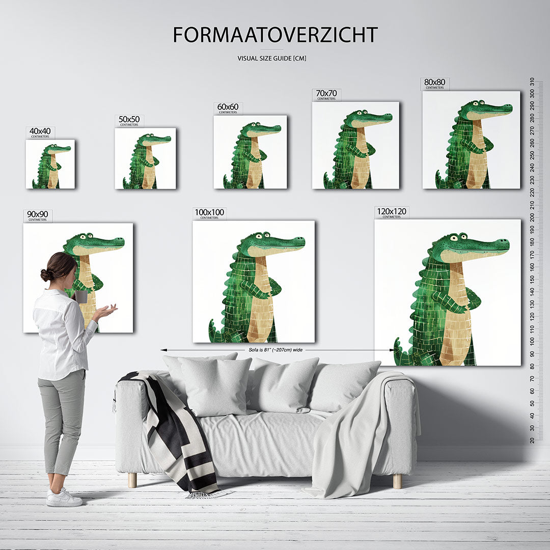 Vrolijke krokodil illustratie kunstwerk – sfeerbeeld – dit werk toont een speelse krokodil met een groene huid en beige buik.