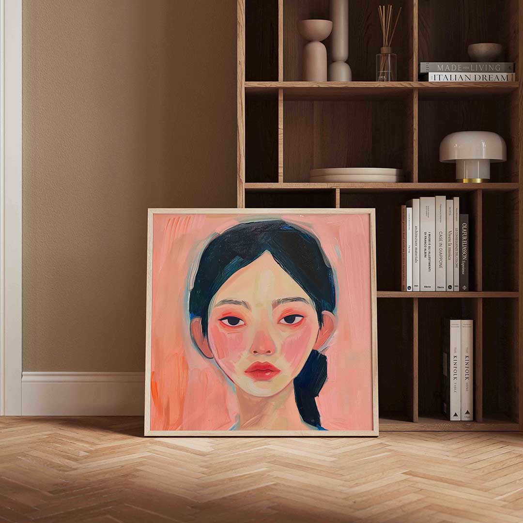 Portret met roze achtergrond – vierkante design wanddecoratie van WallArtistic