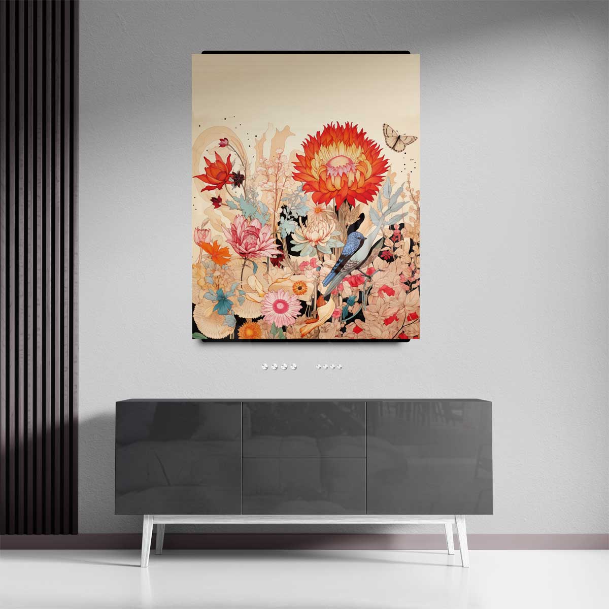 Vrolijke Bloemnatuur met Blauwe Vogel – portret wandkunst van WallArtistic