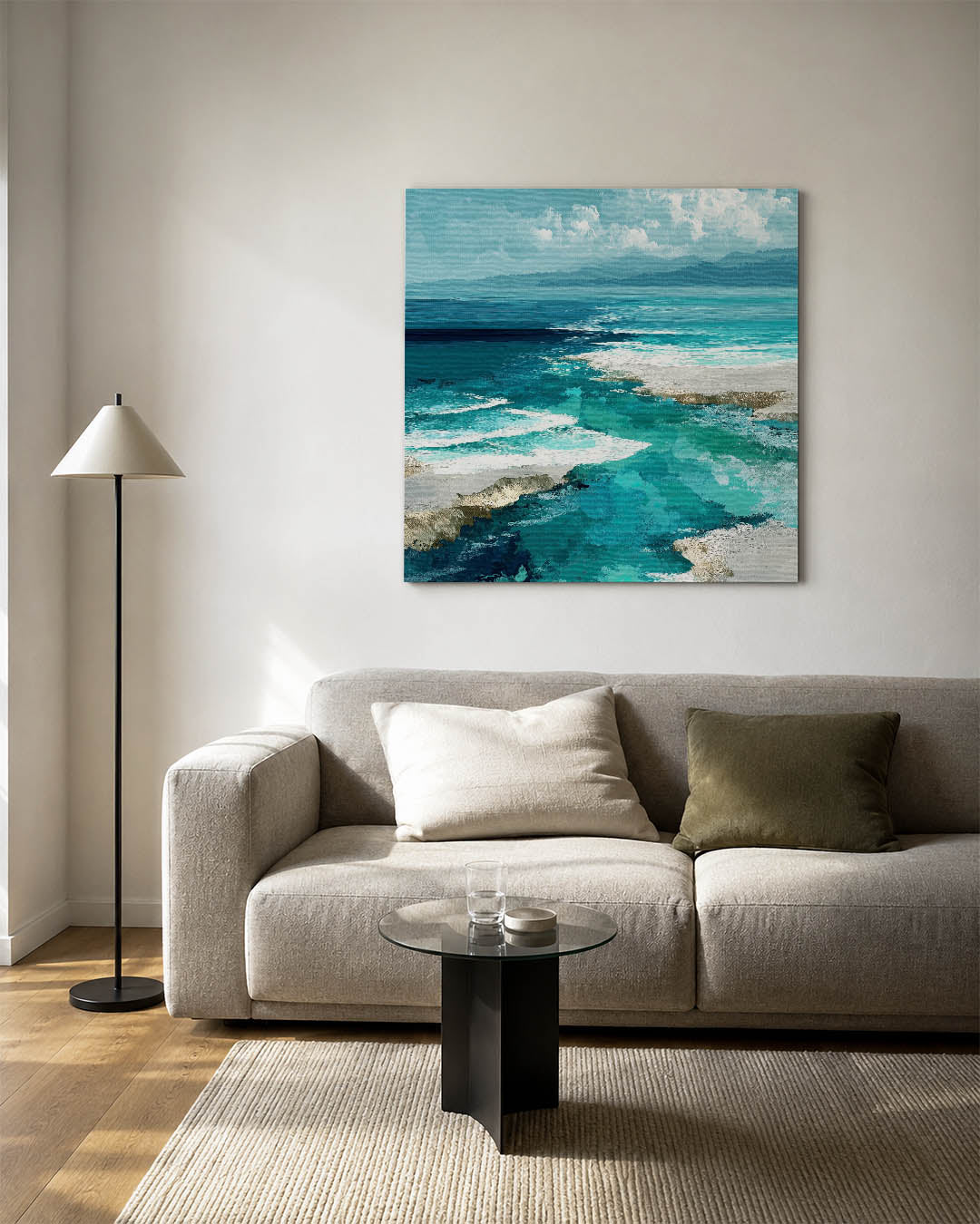Zeezicht in blauwtinten kunstwerk – vierkante wanddecoratie – dit kunstwerk toont een zee met golvende lijnen en een harmonie