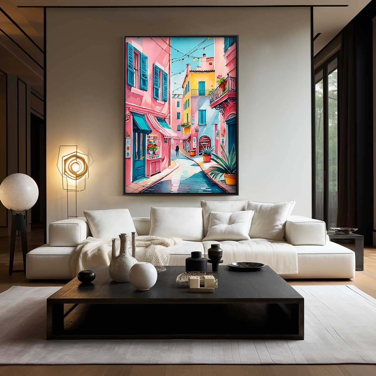 Kleurrijke Straat in Zuid-Europa – kunstwerk met zwarte baklijst