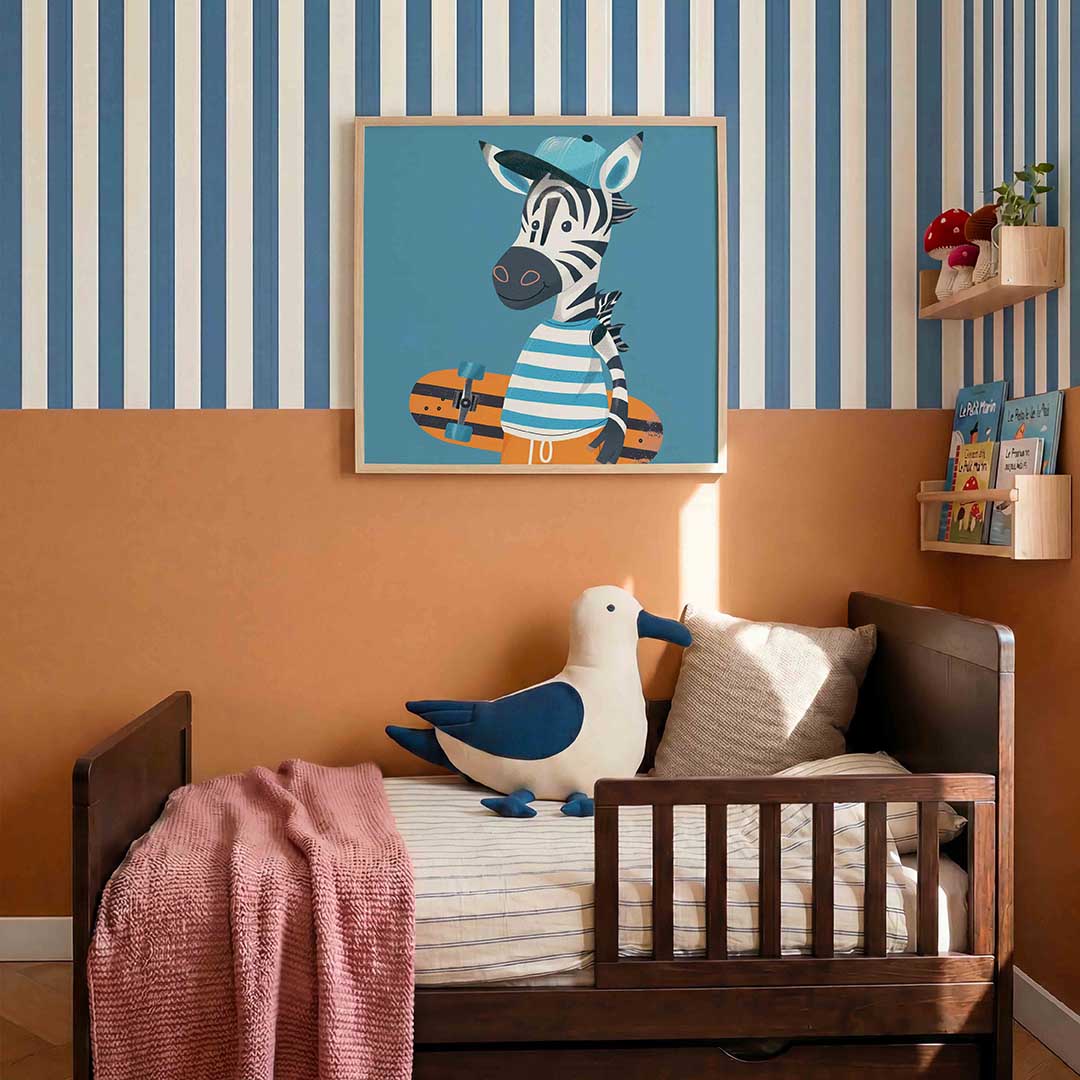 Zebra met skateboard – kids poster in vierkant formaat