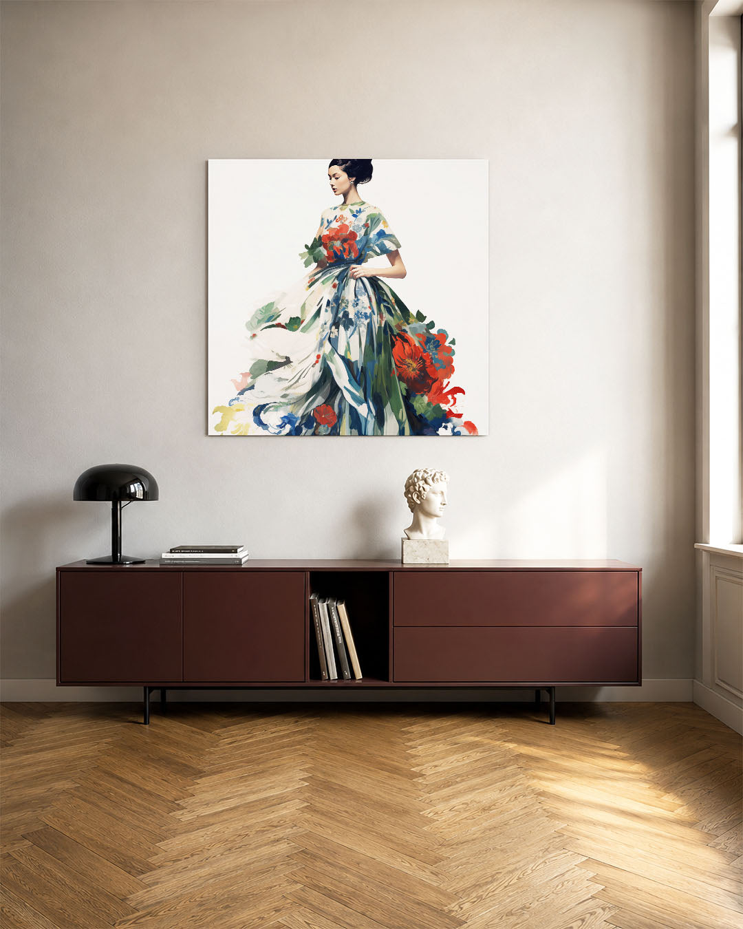 Vrouw in bloemenjurk kunstwerk – tweede productweergave – dit werk toont een vrouw in een weelderige bloemenjurk. De