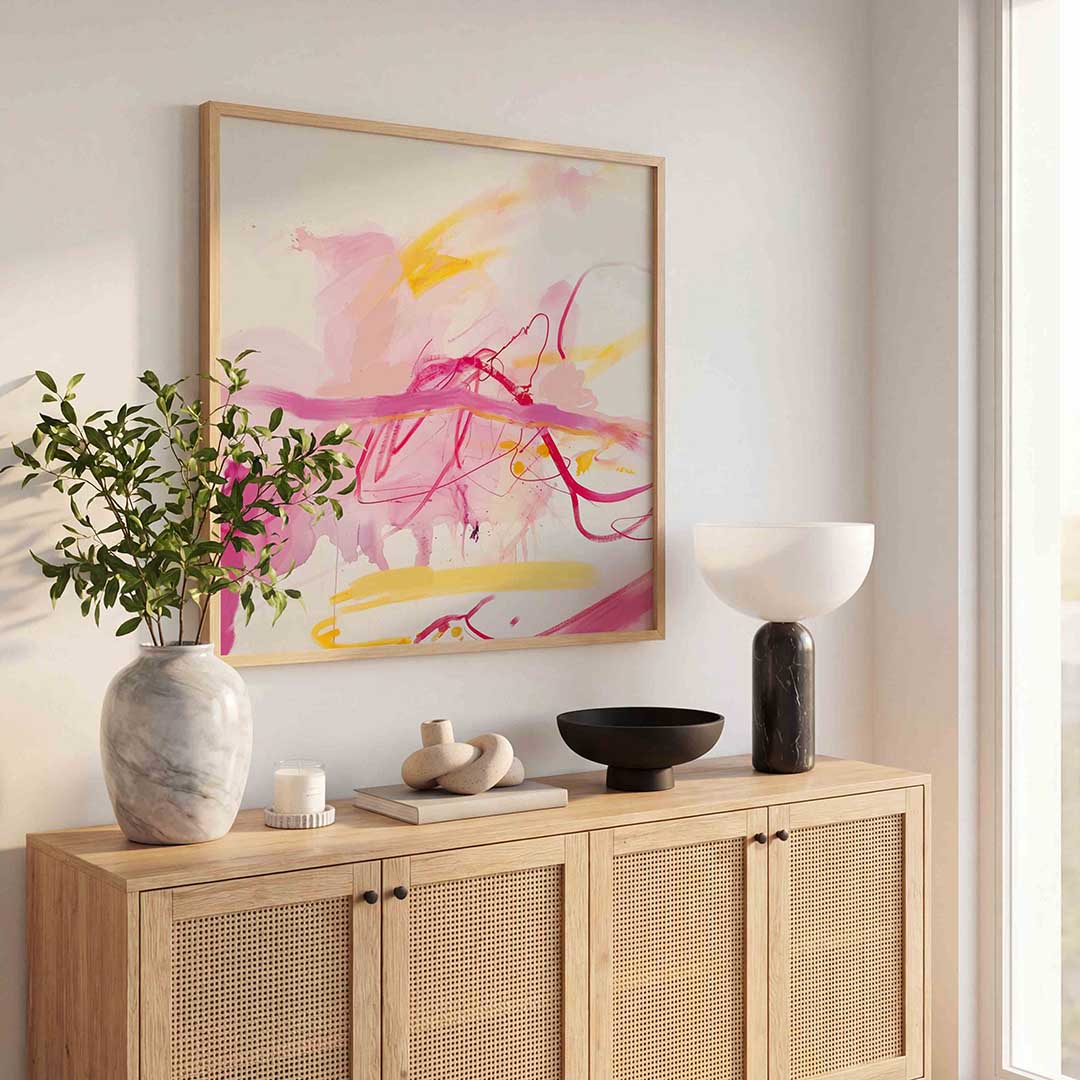 Abstracte roze en gele – kleurrijke poster in vierkant formaat