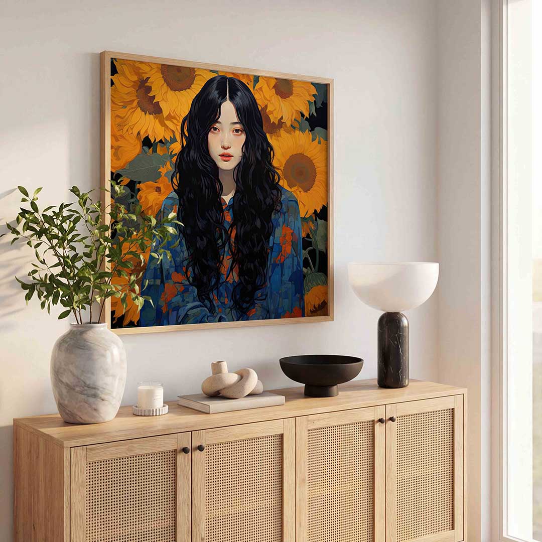 Vrouw met zonnebloemen – illustratie poster in vierkant formaat