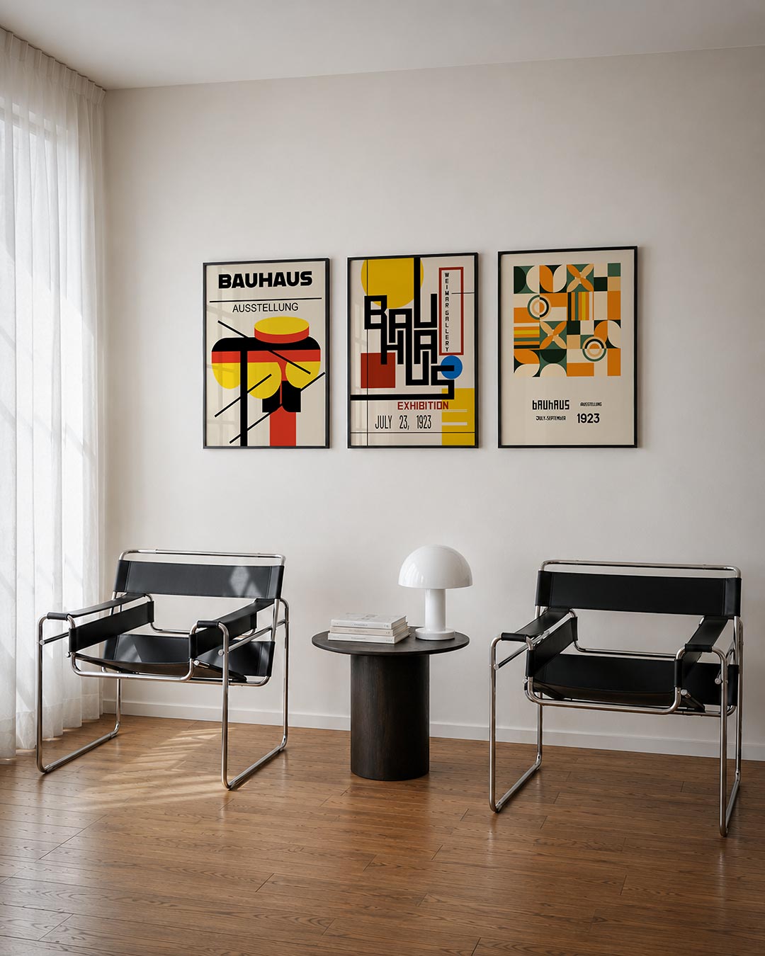 Vormen en vlakken driedelige posterset – deze posterset in drie delen toont een dynamisch lijnenspel met gele en rode