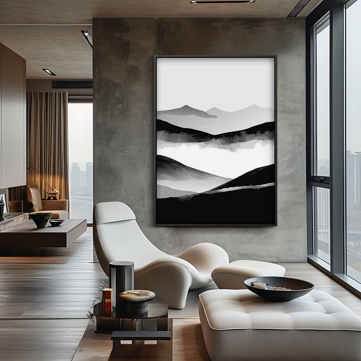 Sereen Landschap in Zwart & Wit – canvas wanddecoratie in portret formaat