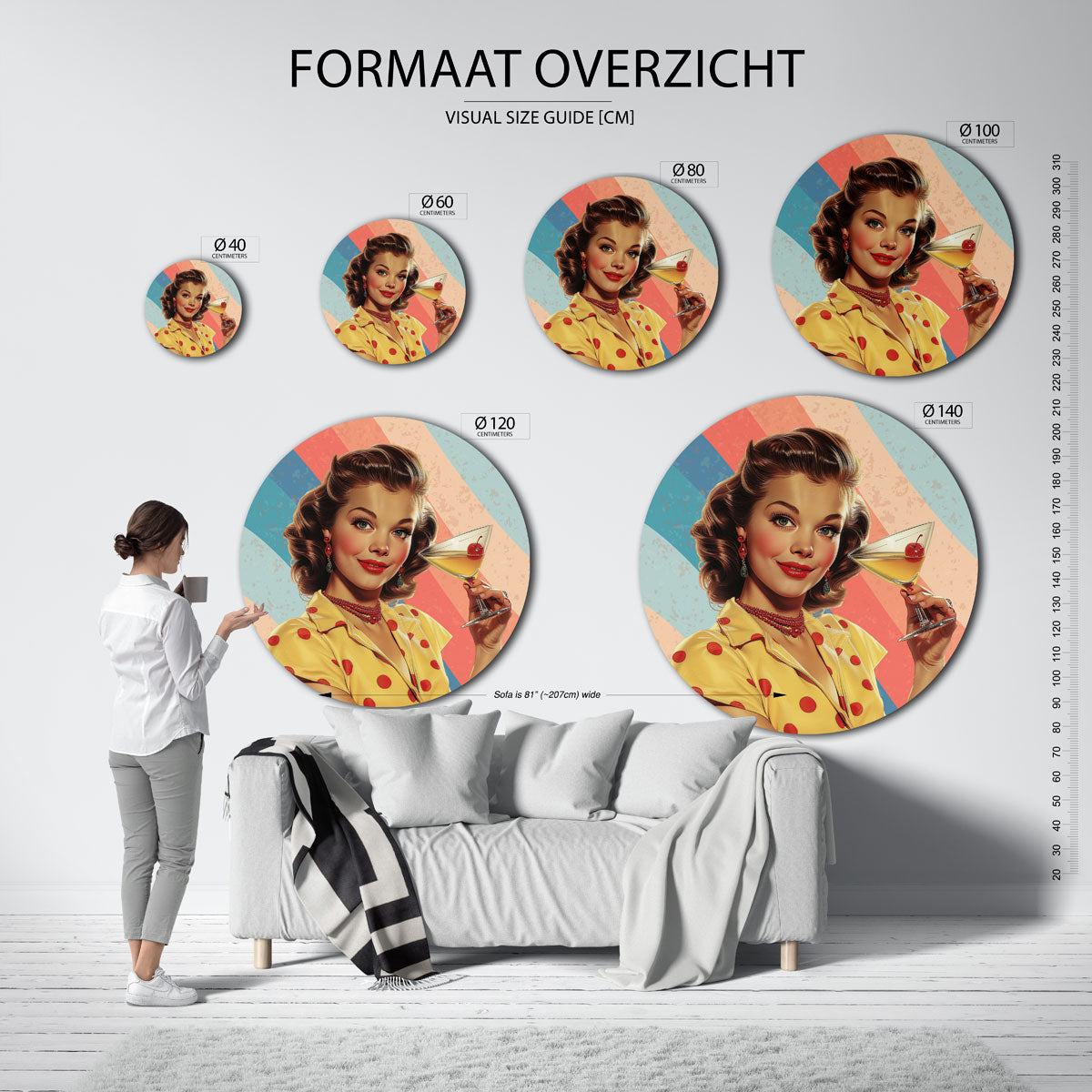 Vrouw met cocktail – kleurrijke ronde muurdecoratie in Pop Art stijl
