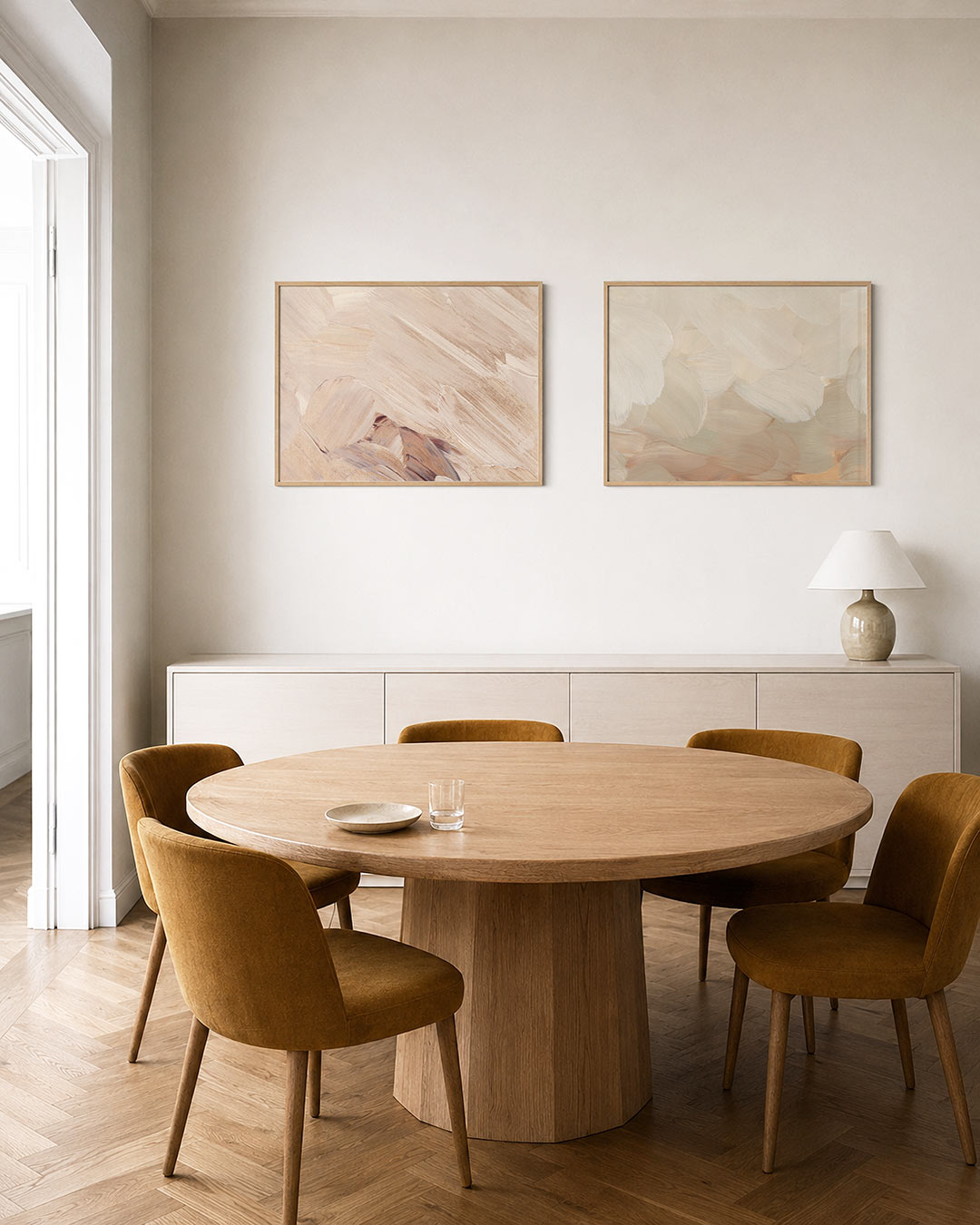 Twee liggende posters met vloeiende penseelstreken in zachte beige tinten, aan de muur in een interieur