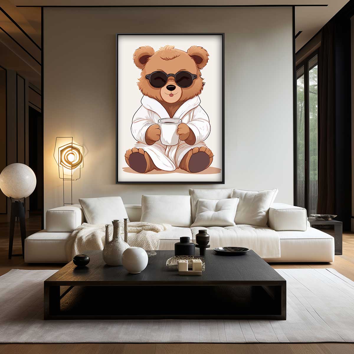 Chillende Beer in Badjas – canvas wanddecoratie in portret formaat