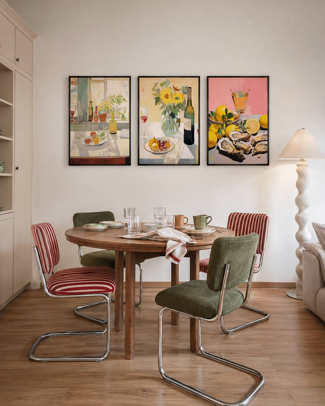 Licht en schaduw driedelige posterset – een zonnige vensterbank met flessen, planten en fruit